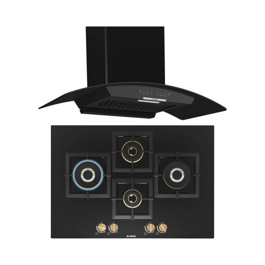 Bosch 90 cm Wall Mounted Chimney DWA98IJ60I + Bosch 75 cm 4 Burner Hob True Brass 2D PNI7B6F20I