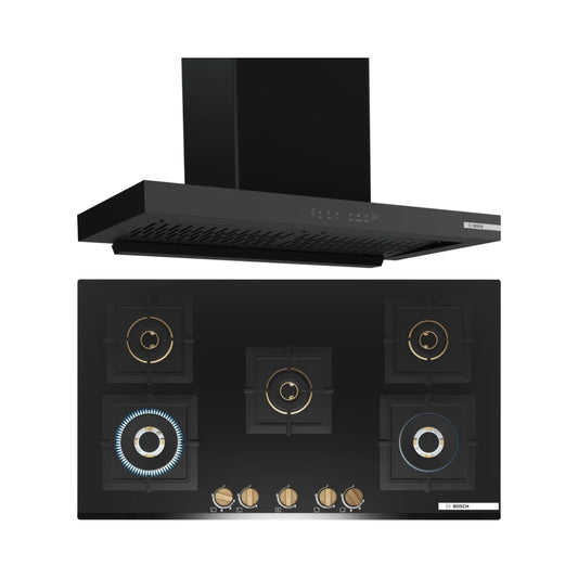 Bosch 90 cm Wall Mounted Chimney DWB98IJ60I + Bosch 90 cm 5 Burner Hob True Brass 3D PNV9B6G20I