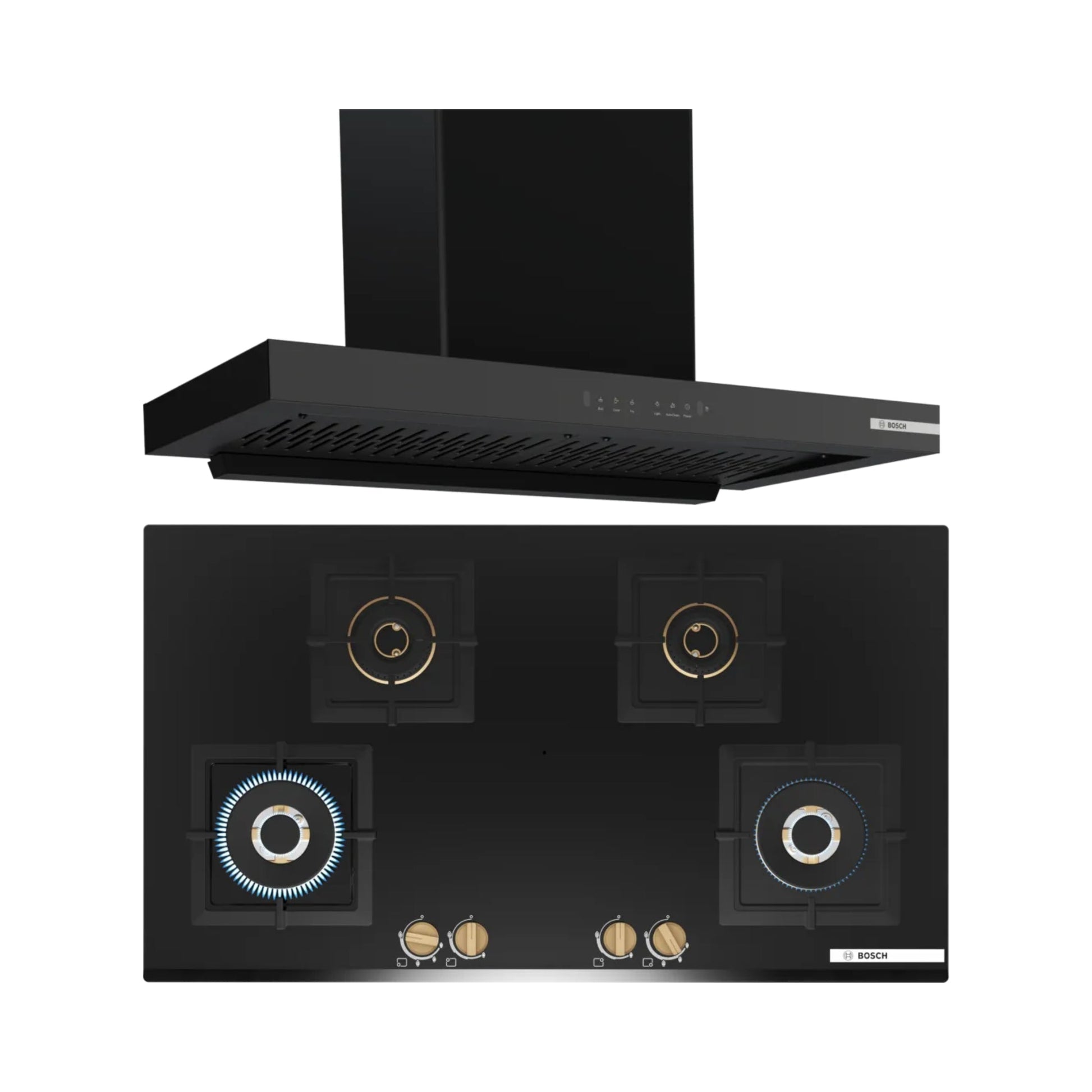 Bosch 90 cm Wall Mounted Chimney DWB98IJ60I + Bosch 90 cm 4 Burner Hob Series 6 True Brass 3D PNF9B6G20I