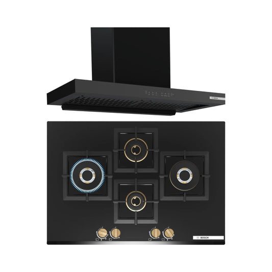 Bosch 90 cm Wall Mounted Chimney DWB98IJ60I + Bosch 75 cm 4 Burner Hob Series 6 True Brass 3D PNI7B6G20I