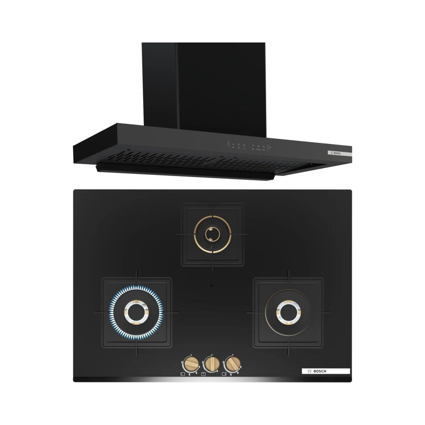 Bosch 90 cm Wall Mounted Chimney DWB98IJ60I + Bosch 75 cm 3 Burner Hob True Brass 3D PND7B6G20I
