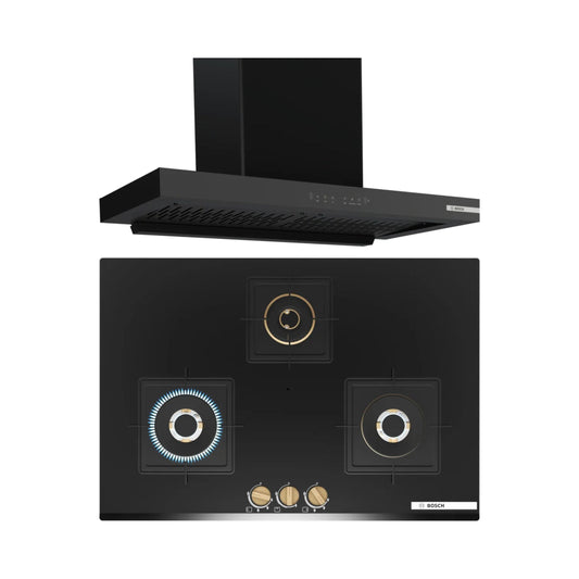 Bosch 90 cm Wall Mounted Chimney DWB98IJ60I + Bosch 75 cm 3 Burner Hob True Brass 3D PND7B6G20I