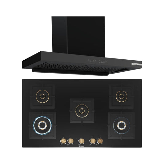 Bosch 90 cm Wall Mounted Chimney DWB98IJ60I + Bosch 90 cm 5 Burner Hob True Brass 2D PNV9B6F20I