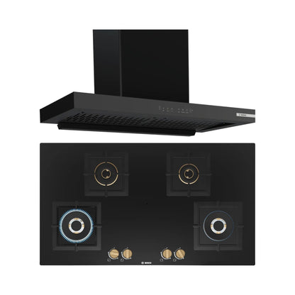 Bosch 90 cm Wall Mounted Chimney DWB98IJ60I + Bosch 90 cm 4 Burner Hob True Brass 2D PNF9B6F20I