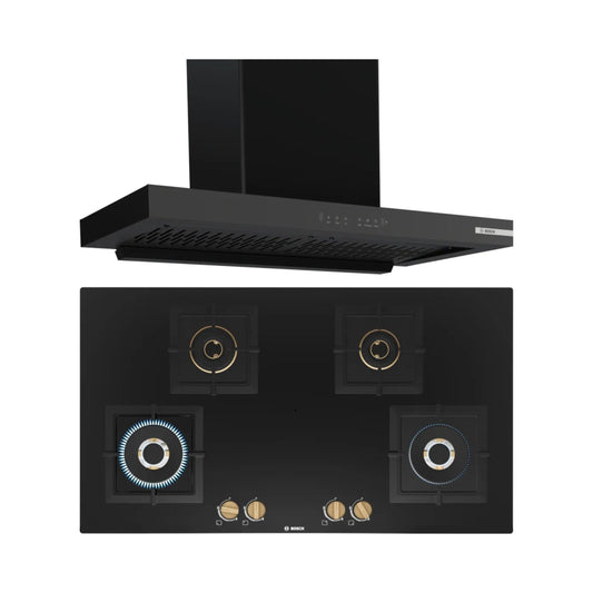 Bosch 90 cm Wall Mounted Chimney DWB98IJ60I + Bosch 90 cm 4 Burner Hob True Brass 2D PNF9B6F20I