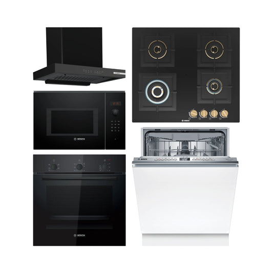 Bosch Built In Oven HBF011BA1I + Bosch Built-In Microwave Series 6 BEL553MB0I + Bosch 60 cm Wall Mounted Chimney DWB68IJ60I + Bosch 60 cm 4 Burner Hob True Brass 2D PNH6B6F20I + Bosch Built In Dishwasher Series 6 SMV6HMX01I with 15 Place Settings