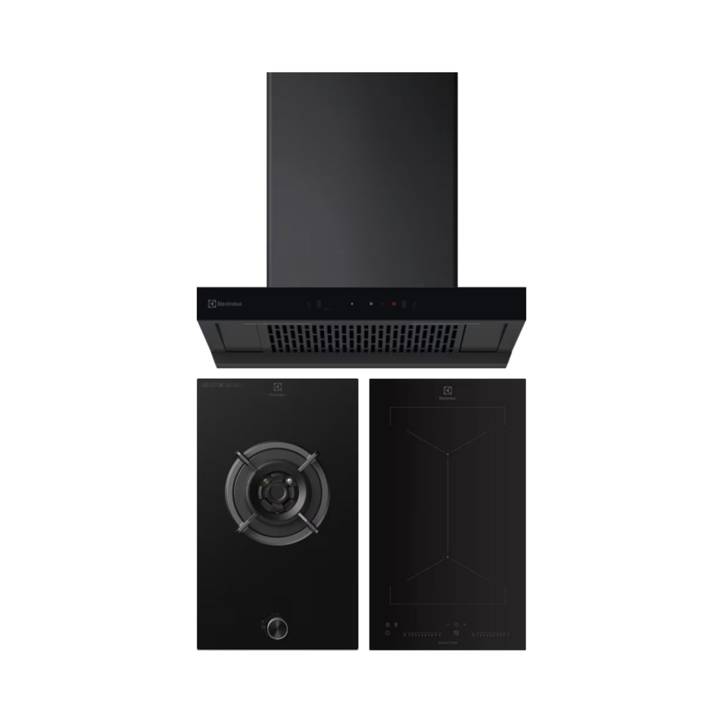 Electrolux 60 cm Wall Mounted Chimney UltimateTaste 700 Series ECT6841KB + Electrolux 31 cm 1 Burner Hob UltimateTaste 300 EHG3141BC + Electrolux 2 Zones Induction Hob EHI3251BE