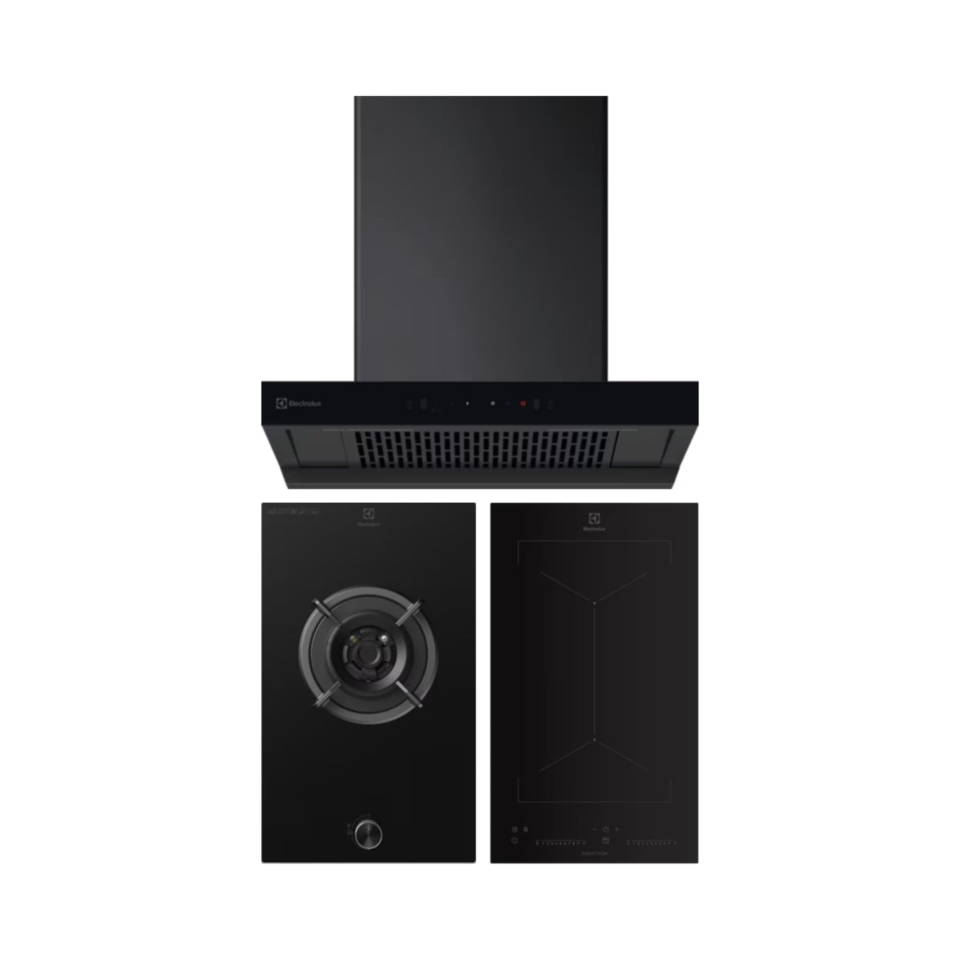 Electrolux 60 cm Wall Mounted Chimney UltimateTaste 700 Series ECT6841KB + Electrolux 31 cm 1 Burner Hob UltimateTaste 300 EHG3141BC + Electrolux 2 Zones Induction Hob EHI3251BE