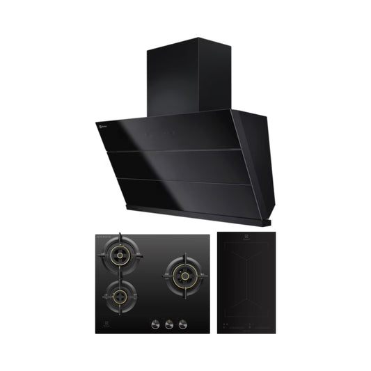 Electrolux 90 cm Wall Mounted Chimney UltimateTaste 700 Series ECS9941GB + Electrolux 60 cm 3 Burner Hob UltimateTaste 300 EHG6330BC + Electrolux 2 Zones Induction Hob EHI3251BE
