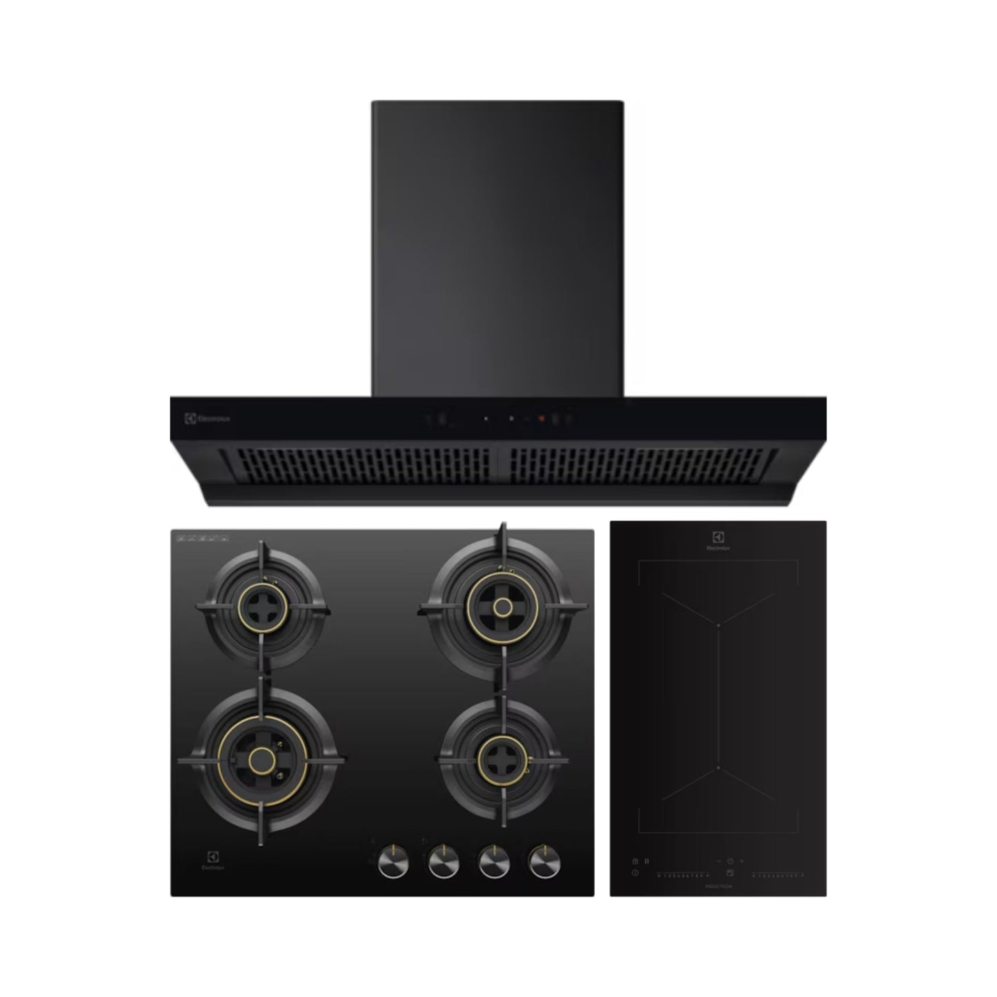 Electrolux 90 cm Wall Mounted Chimney UltimateTaste 700 Series ECT9841KB + Electrolux 60 cm 4 Burner Hob UltimateTaste 300 EHG6430BC + Electrolux 2 Zones Induction Hob EHI3251BE