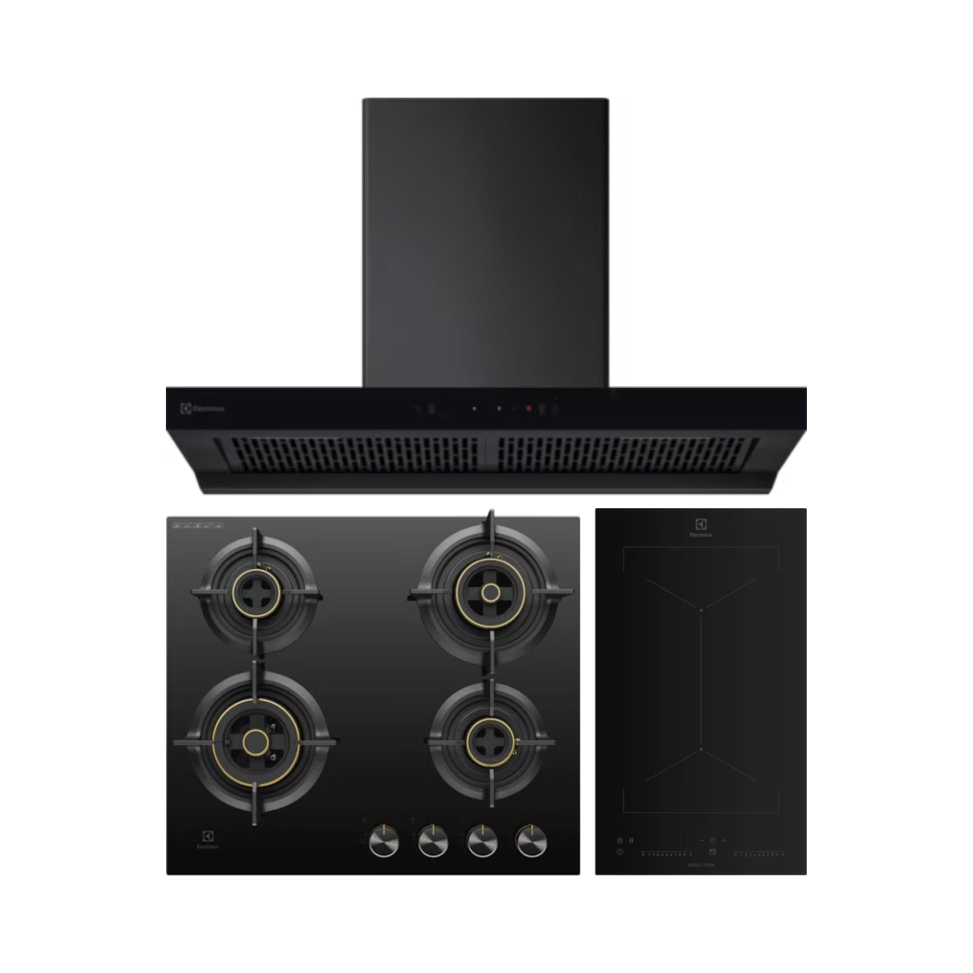 Electrolux 90 cm Wall Mounted Chimney UltimateTaste 700 Series ECT9841KB + Electrolux 60 cm 4 Burner Hob UltimateTaste 300 EHG6430BC + Electrolux 2 Zones Induction Hob EHI3251BE