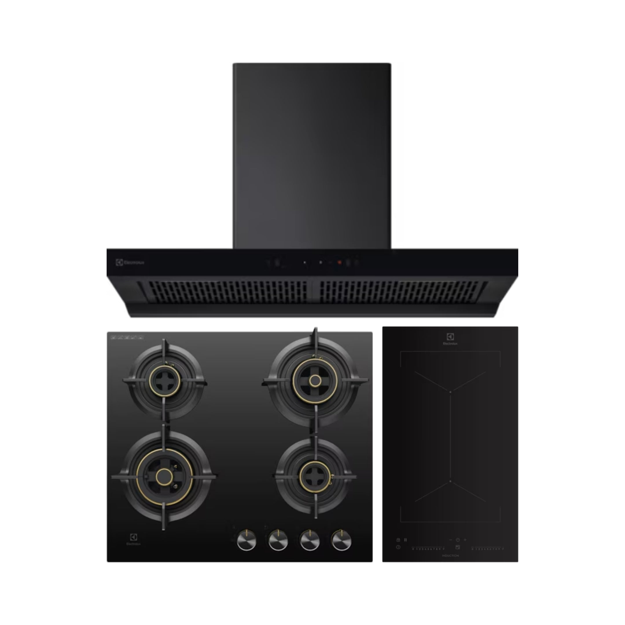 Electrolux 90 cm Wall Mounted Chimney UltimateTaste 700 Series ECT9841KB + Electrolux 60 cm 4 Burner Hob UltimateTaste 300 EHG6430BC + Electrolux 2 Zones Induction Hob EHI3251BE