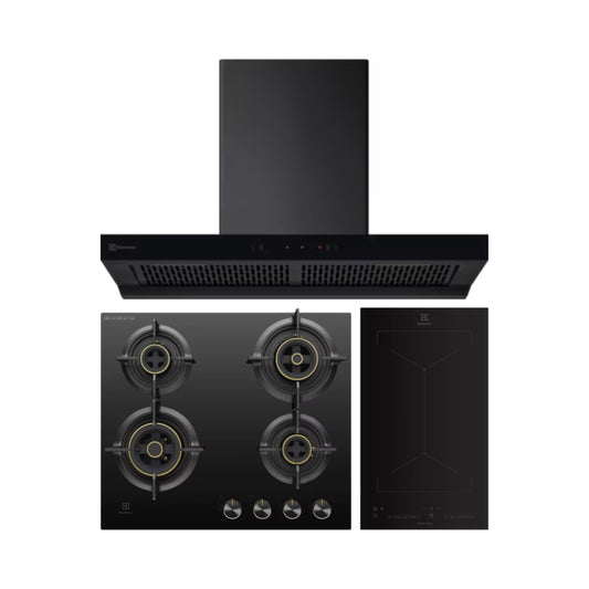 Electrolux 90 cm Wall Mounted Chimney UltimateTaste 700 Series ECT9841KB + Electrolux 60 cm 4 Burner Hob UltimateTaste 300 EHG6430BC + Electrolux 2 Zones Induction Hob EHI3251BE