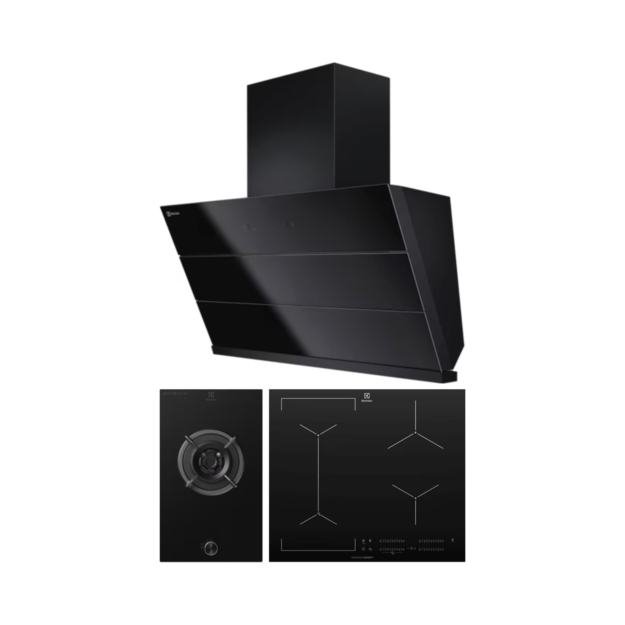 Electrolux 90 cm Wall Mounted Chimney UltimateTaste 700 Series ECS9941GB + Electrolux 31 cm 1 Burner Hob UltimateTaste 300 EHG3141BC + Electrolux 4 Zones Induction Hob EHI645BE