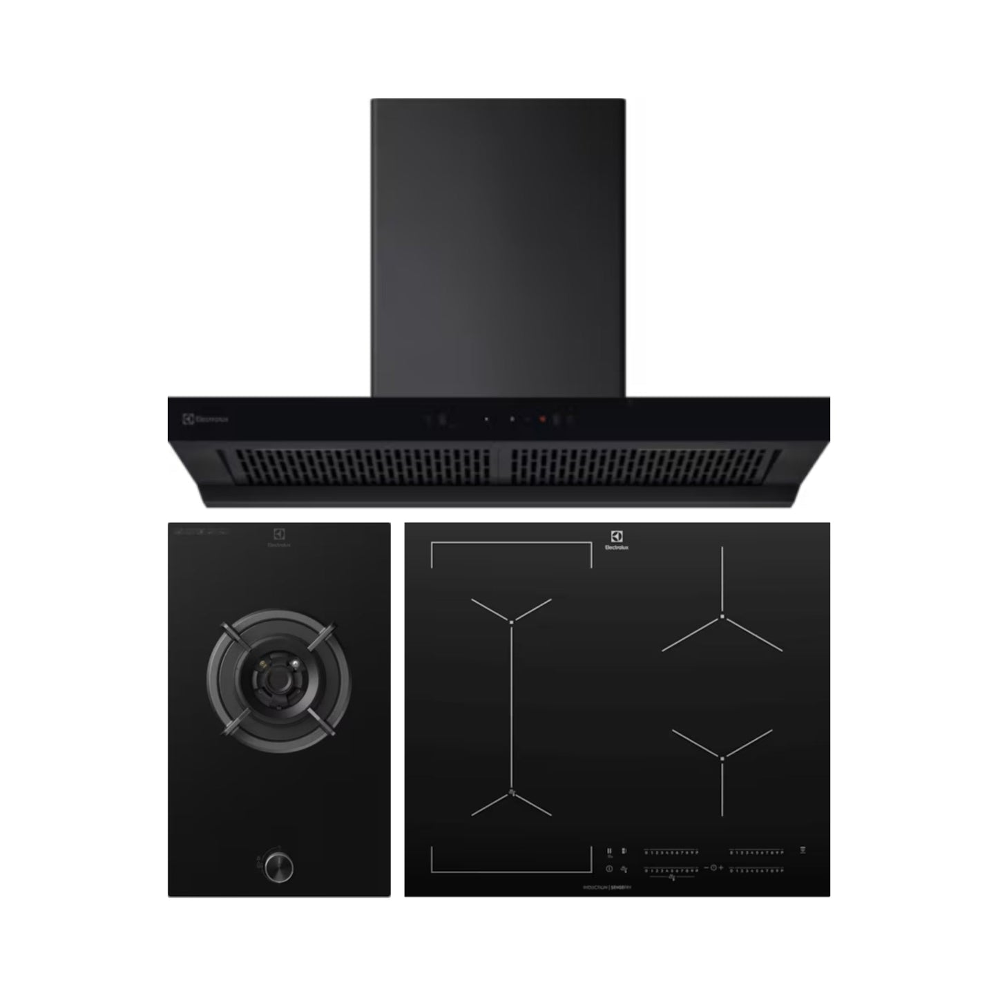 Electrolux 90 cm Wall Mounted Chimney UltimateTaste 700 Series ECT9841KB + Electrolux 31 cm 1 Burner Hob UltimateTaste 300 EHG3141BC + Electrolux 4 Zones Induction Hob EHI645BE