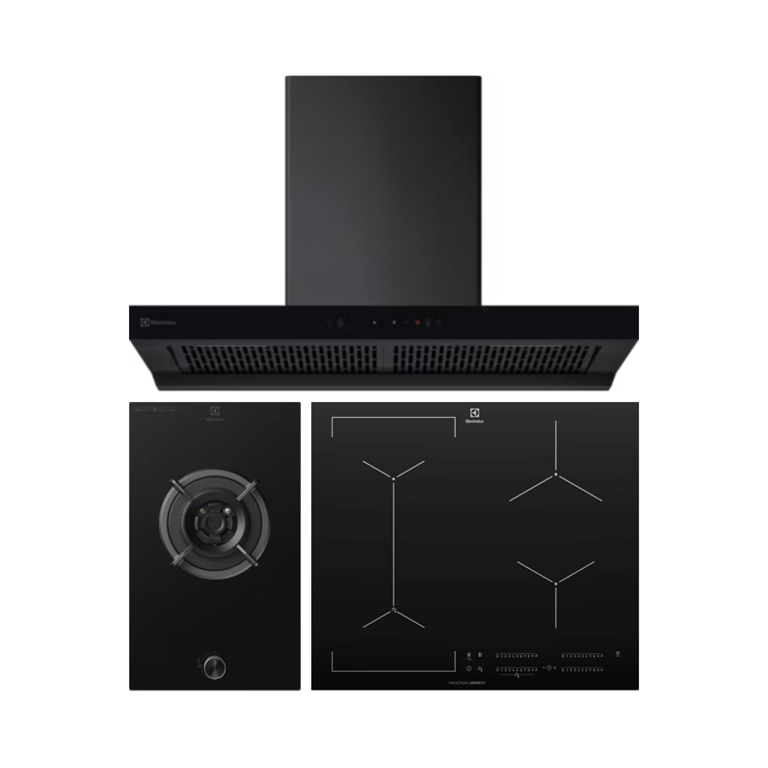 Electrolux 90 cm Wall Mounted Chimney UltimateTaste 700 Series ECT9841KB + Electrolux 31 cm 1 Burner Hob UltimateTaste 300 EHG3141BC + Electrolux 4 Zones Induction Hob EHI645BE