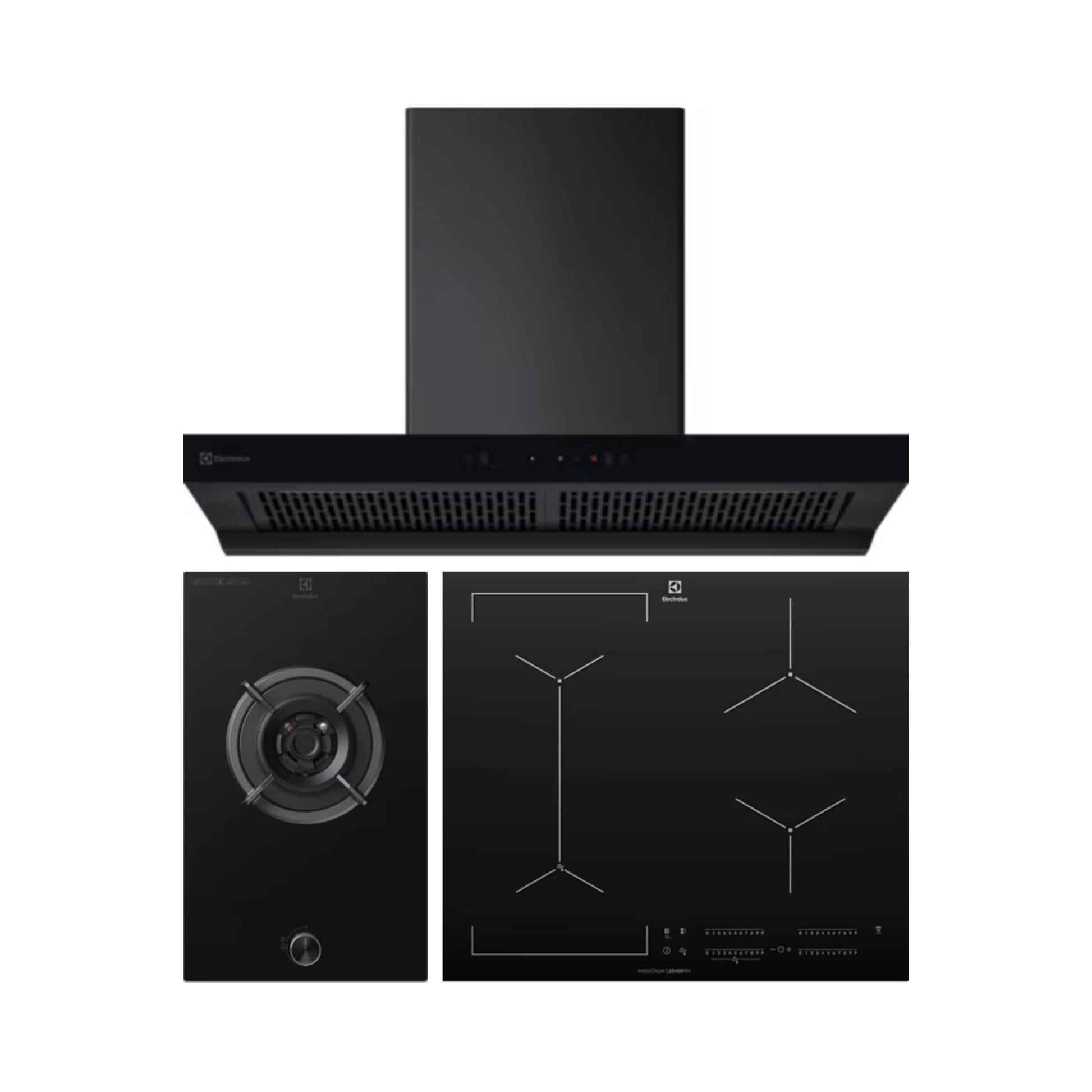 Electrolux 90 cm Wall Mounted Chimney UltimateTaste 700 Series ECT9841KB + Electrolux 31 cm 1 Burner Hob UltimateTaste 300 EHG3141BC + Electrolux 4 Zones Induction Hob EHI645BE