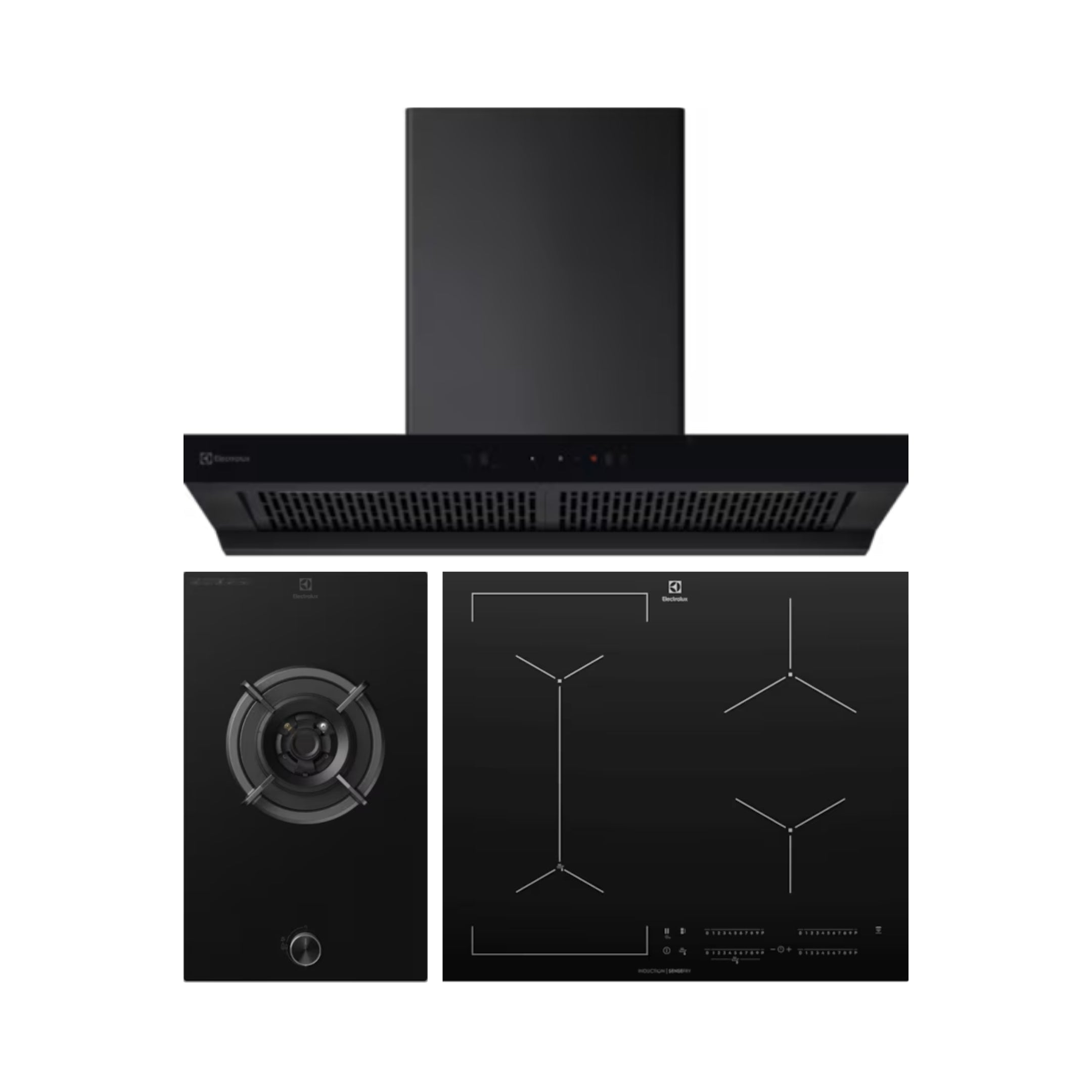 Electrolux 90 cm Wall Mounted Chimney UltimateTaste 700 Series ECT9841KB + Electrolux 31 cm 1 Burner Hob UltimateTaste 300 EHG3141BC + Electrolux 4 Zones Induction Hob EHI645BE