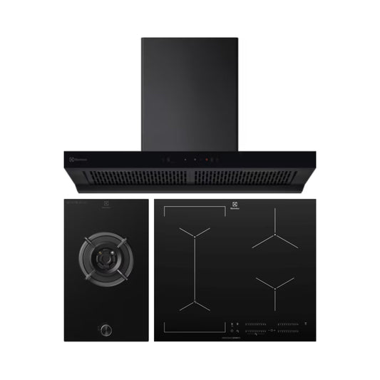 Electrolux 90 cm Wall Mounted Chimney UltimateTaste 700 Series ECT9841KB + Electrolux 31 cm 1 Burner Hob UltimateTaste 300 EHG3141BC + Electrolux 4 Zones Induction Hob EHI645BE