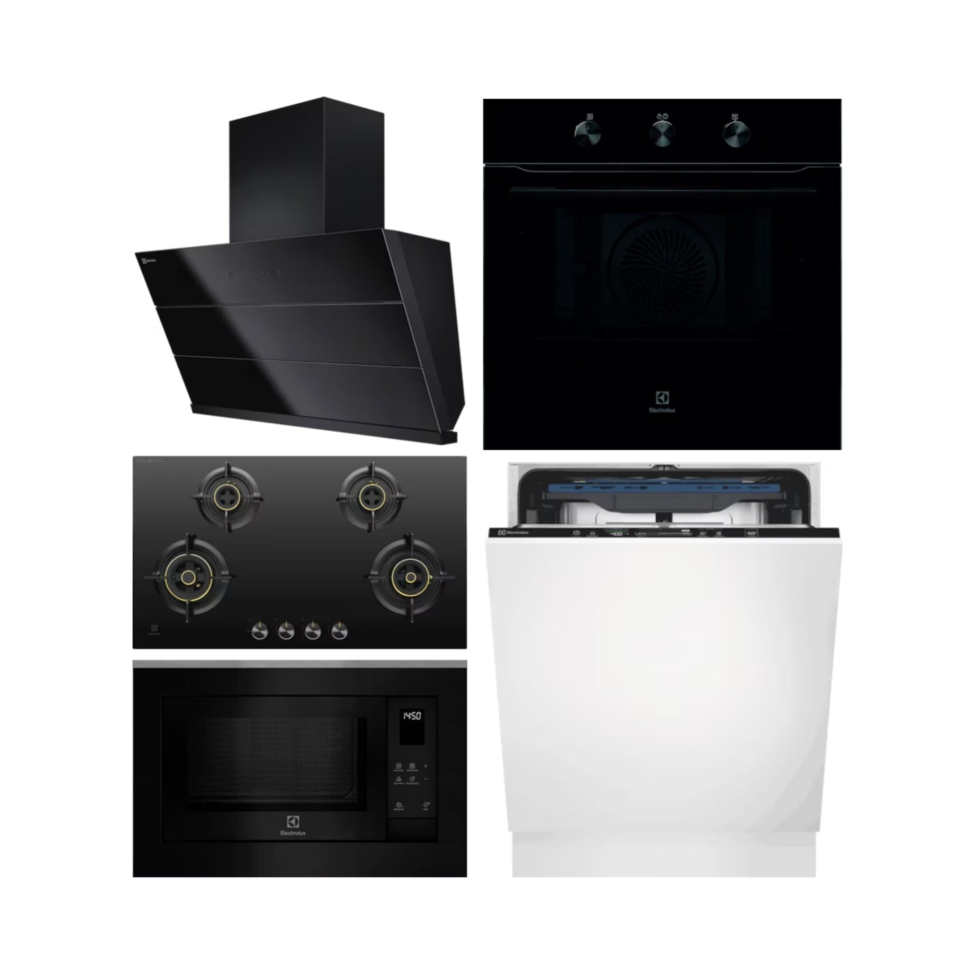 Electrolux Built In Oven UltimateTaste 300 KOHLH00KA + Electrolux Built-In Microwave UltimateTaste 500 EMSB25XG + Electrolux 90 cm Wall Mounted Chimney UltimateTaste 700 Series ECS9941GB + Electrolux 90 cm 4 Burner Hob UltimateTaste 300 EHG9430BCI + Electrolux Built In Dishwasher UltimateCare 700 EEM48330L with 14 Place Settings