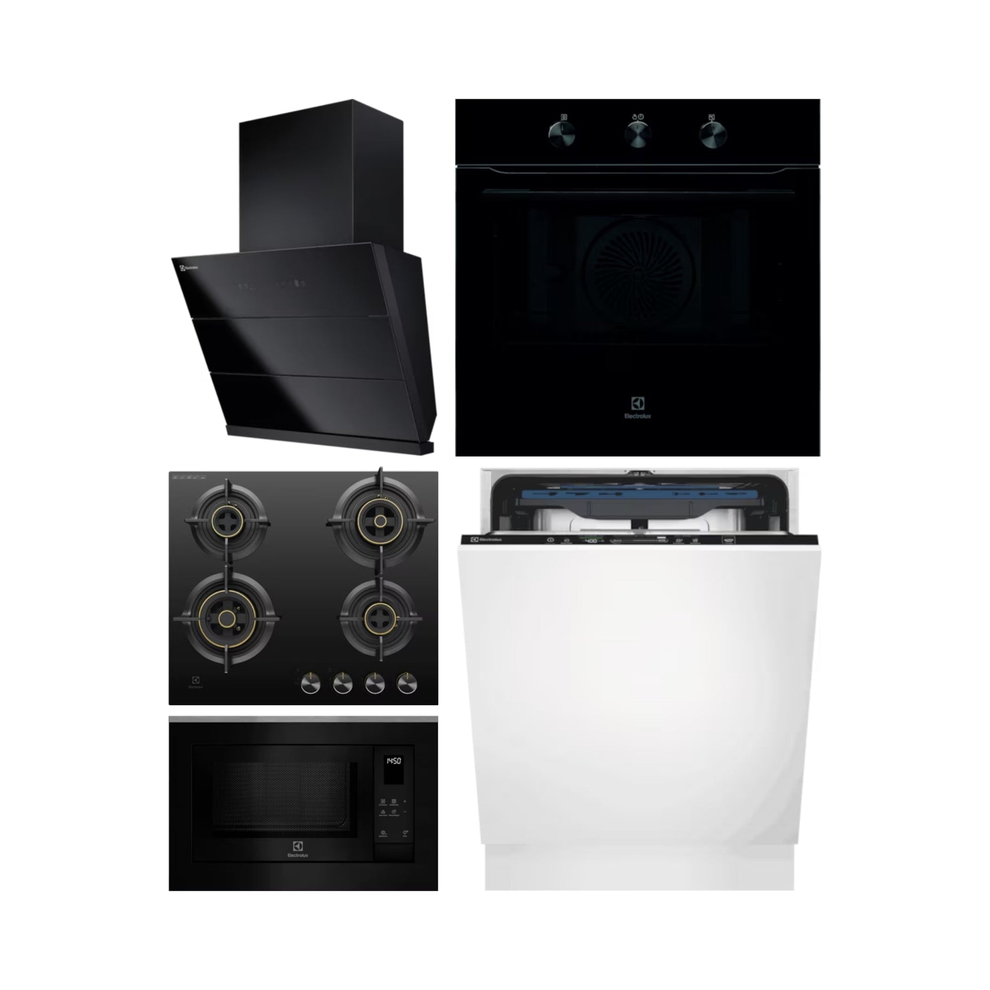 Electrolux Built In Oven UltimateTaste 300 KOHLH00KA + Electrolux Built-In Microwave UltimateTaste 500 EMSB25XG + Electrolux 60 cm Wall Mounted Chimney UltimateTaste 700 Series ECS6941GB + Electrolux 60 cm 4 Burner Hob UltimateTaste 300 EHG6430BC + Electrolux Built In Dishwasher UltimateCare 700 EEM48330L with 14 Place Settings