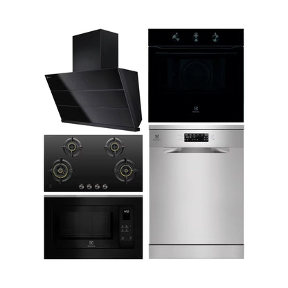 Electrolux Built In Oven UltimateTaste 300 KOHLH00KA + Electrolux Built-In Microwave UltimateTaste 500 EMSB25XG + Electrolux 90 cm Wall Mounted Chimney UltimateTaste 700 Series ECS9941GB + Electrolux 90 cm 4 Burner Hob UltimateTaste 300 EHG9430BCI + Electrolux Free Standing Dishwasher UltimateCare 700 ESM48310SX with 14 Place Settings