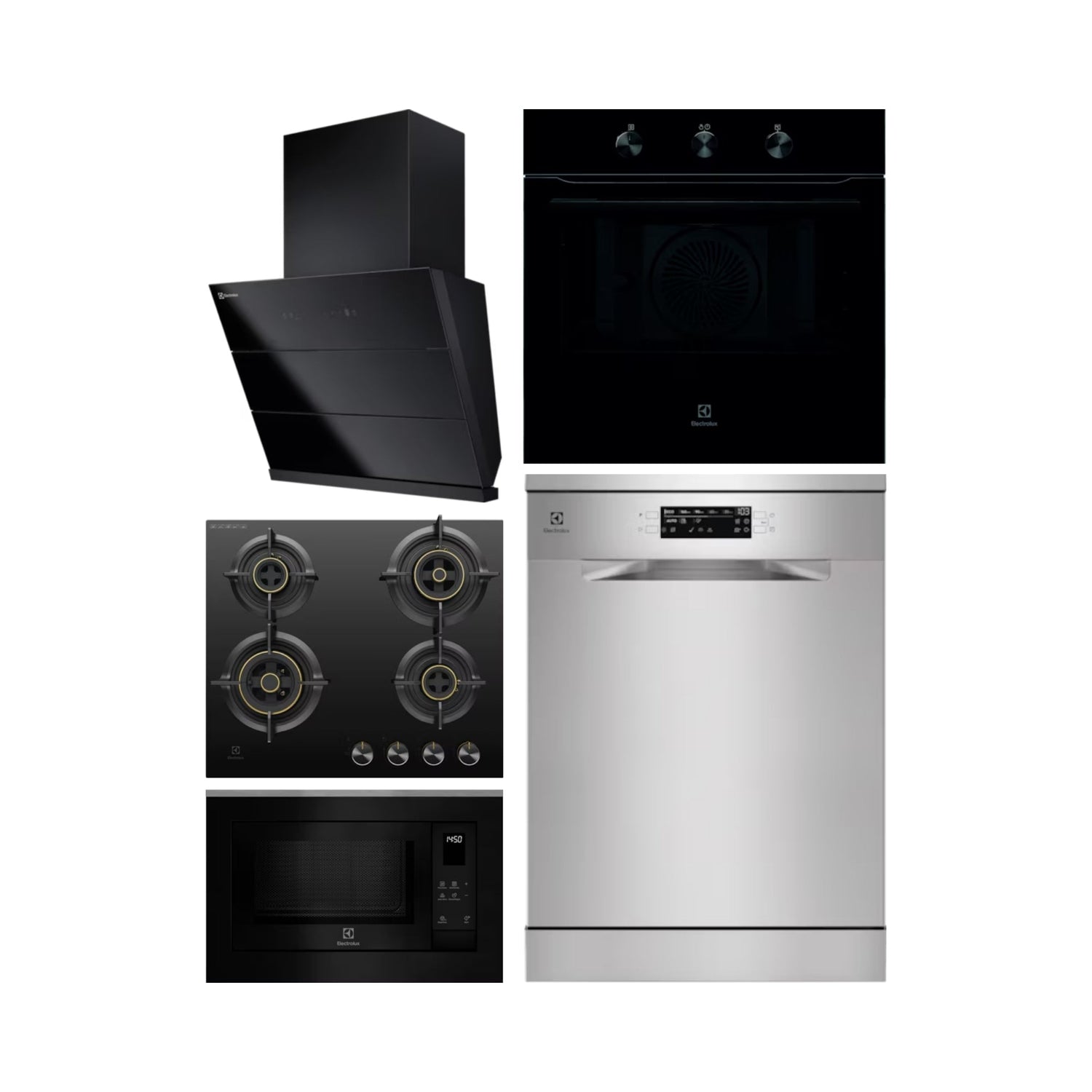 Electrolux Built In Oven UltimateTaste 300 KOHLH00KA + Electrolux Built-In Microwave UltimateTaste 500 EMSB25XG + Electrolux 60 cm Wall Mounted Chimney UltimateTaste 700 Series ECS6941GB + Electrolux 60 cm 4 Burner Hob UltimateTaste 300 EHG6430BC + Electrolux Free Standing Dishwasher UltimateCare 700 ESM48310SX with 14 Place Settings