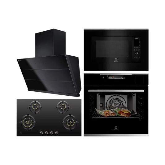 Electrolux Built In Oven with Full Steam Function UltimateTaste 900 KOAAS31X + Electrolux Built-In Convection Microwave with Air Fryer UltimateTaste 900 EMSB30XCF + Electrolux 90 cm Wall Mounted Chimney UltimateTaste 700 Series ECS9941GB + Electrolux 90 cm 4 Burner Hob UltimateTaste 300 EHG9430BCI