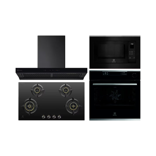 Electrolux Built In Oven with Steam Assist UltimateTaste 700 KOCBP21XA + Electrolux Built-In Microwave UltimateTaste 500 EMSB25XG + Electrolux 90 cm Wall Mounted Chimney UltimateTaste 700 Series ECT9841KB + Electrolux 90 cm 4 Burner Hob UltimateTaste 300 EHG9430BCI