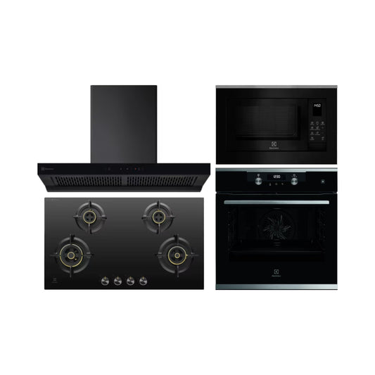 Electrolux Built In Oven with Steam Assist UltimateTaste 500 KODDP71XA + Electrolux Built-In Convection Microwave UltimateTaste 700 EMSB25XC + Electrolux 90 cm Wall Mounted Chimney UltimateTaste 700 Series ECT9841KB + Electrolux 90 cm 4 Burner Hob UltimateTaste 300 EHG9430BCI