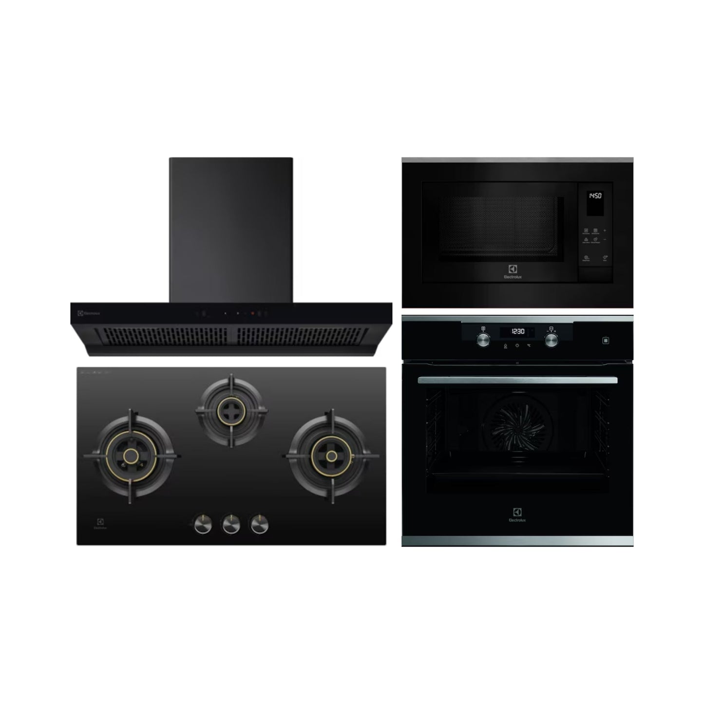 Electrolux Built In Oven with Steam Assist UltimateTaste 500 KODDP71XA + Electrolux Built-In Microwave UltimateTaste 500 EMSB25XG + Electrolux 90 cm Wall Mounted Chimney UltimateTaste 700 Series ECT9841KB + Electrolux 78 cm 3 Burner Hob UltimateTaste 300 EHG7330BC