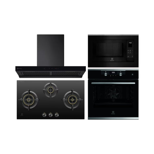 Electrolux Built In Oven with Steam Assist UltimateTaste 500 KODDP71XA + Electrolux Built-In Microwave UltimateTaste 500 EMSB25XG + Electrolux 90 cm Wall Mounted Chimney UltimateTaste 700 Series ECT9841KB + Electrolux 78 cm 3 Burner Hob UltimateTaste 300 EHG7330BC