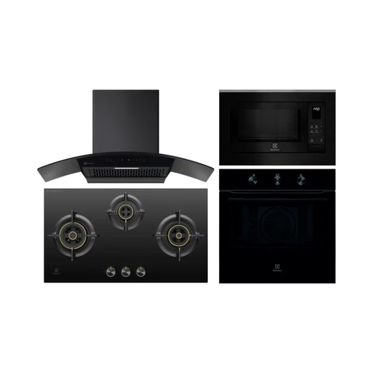 Electrolux Built In Oven UltimateTaste 300 KOHLH00KA + Electrolux Built-In Microwave UltimateTaste 500 EMSB25XG + Electrolux 90 cm Wall Mounted Chimney UltimateTaste 700 Series ECC9841GB + Electrolux 78 cm 3 Burner Hob UltimateTaste 300 EHG7330BC