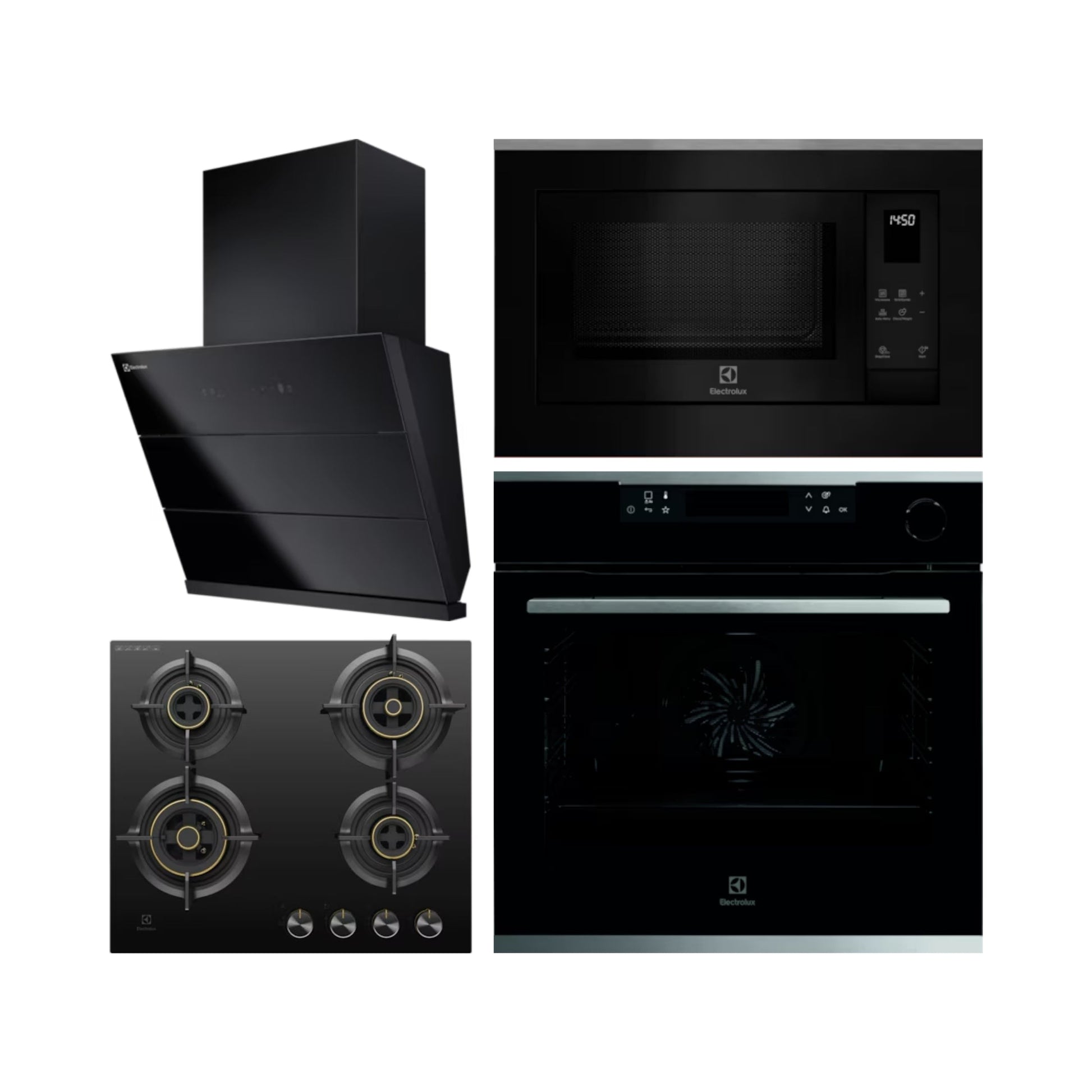 Electrolux Built In Oven with Steam Assist UltimateTaste 700 KOCBP21XA + Electrolux Built-In Microwave UltimateTaste 500 EMSB25XG + Electrolux 60 cm Wall Mounted Chimney UltimateTaste 700 Series ECS6941GB + Electrolux 60 cm 4 Burner Hob UltimateTaste 300 EHG6430BC