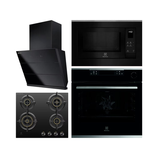 Electrolux Built In Oven with Steam Assist UltimateTaste 700 KOCBP21XA + Electrolux Built-In Microwave UltimateTaste 500 EMSB25XG + Electrolux 60 cm Wall Mounted Chimney UltimateTaste 700 Series ECS6941GB + Electrolux 60 cm 4 Burner Hob UltimateTaste 300 EHG6430BC