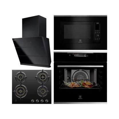 Electrolux Built In Oven with Full Steam Function UltimateTaste 900 KOAAS31X + Electrolux Built-In Convection Microwave with Air Fryer UltimateTaste 900 EMSB30XCF + Electrolux 60 cm Wall Mounted Chimney UltimateTaste 700 Series ECS6941GB + Electrolux 60 cm 4 Burner Hob UltimateTaste 300 EHG6430BC