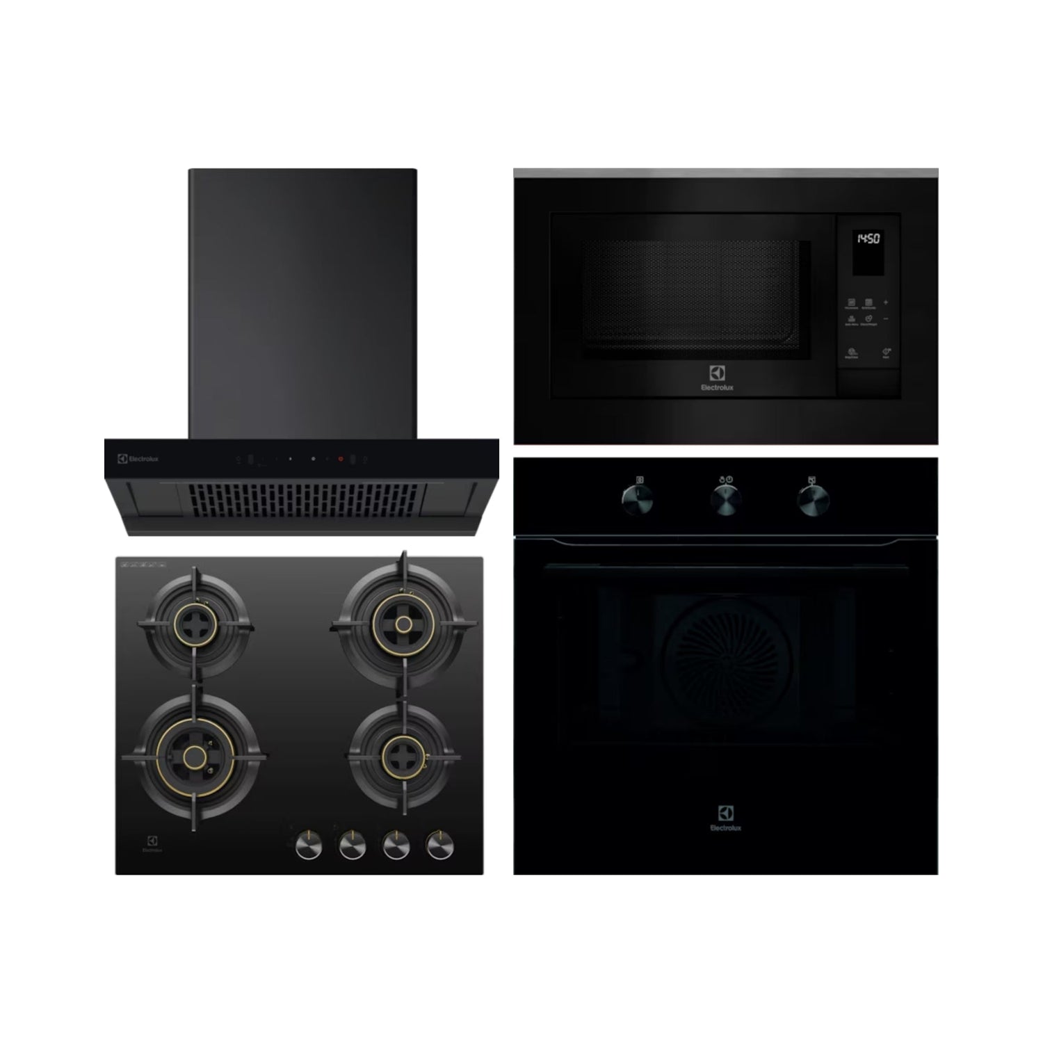 Electrolux Built In Oven UltimateTaste 300 KOHLH00KA + Electrolux Built-In Microwave UltimateTaste 500 EMSB25XG + Electrolux 60 cm Wall Mounted Chimney UltimateTaste 700 Series ECT6841KB + Electrolux 60 cm 4 Burner Hob UltimateTaste 300 EHG6430BC