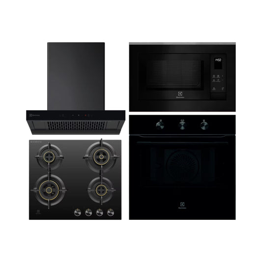 Electrolux Built In Oven UltimateTaste 300 KOHLH00KA + Electrolux Built-In Microwave UltimateTaste 500 EMSB25XG + Electrolux 60 cm Wall Mounted Chimney UltimateTaste 700 Series ECT6841KB + Electrolux 60 cm 4 Burner Hob UltimateTaste 300 EHG6430BC