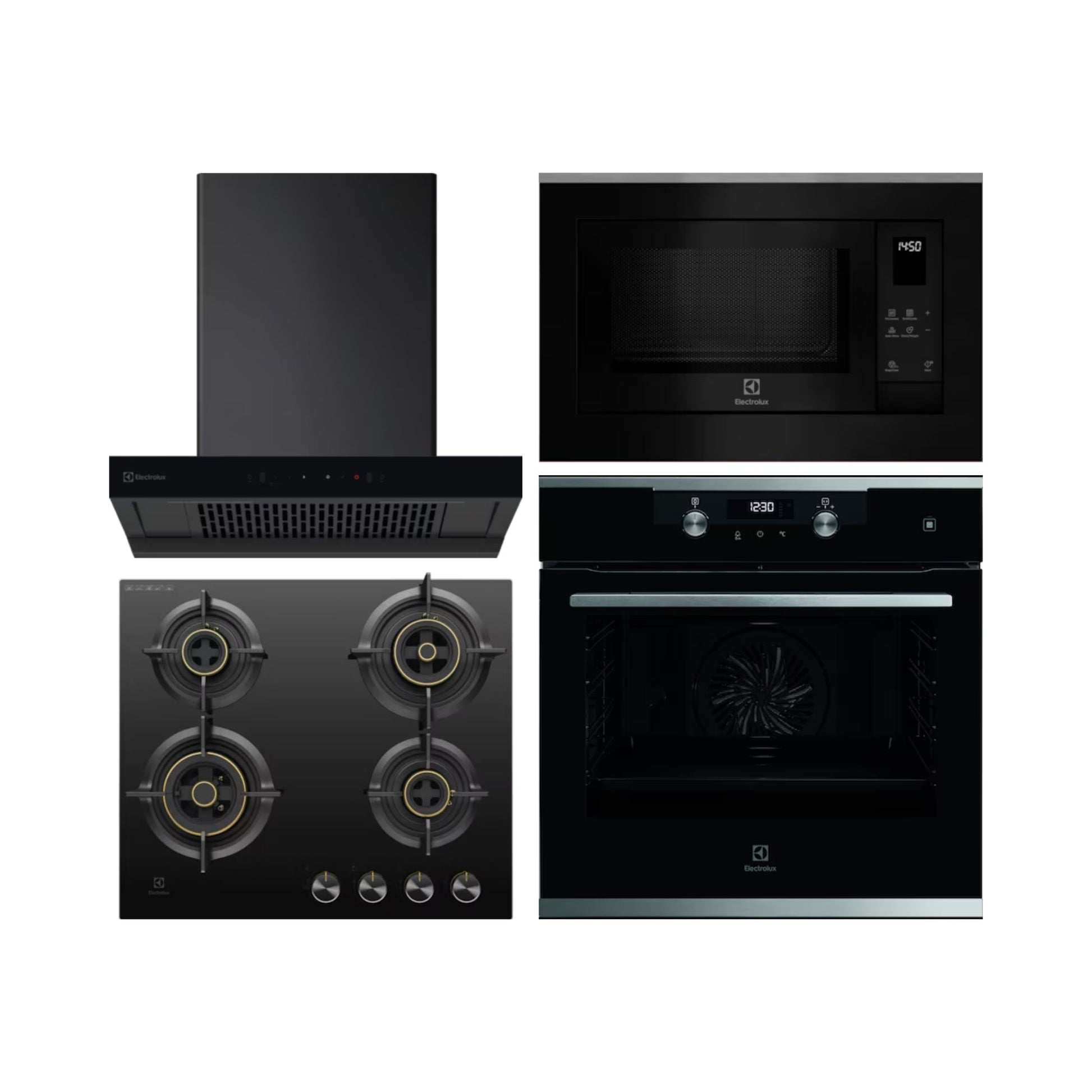 Electrolux Built In Oven with Steam Assist UltimateTaste 500 KODDP71XA + Electrolux Built-In Microwave UltimateTaste 500 EMSB25XG + Electrolux 60 cm Wall Mounted Chimney UltimateTaste 700 Series ECT6841KB + Electrolux 60 cm 4 Burner Hob UltimateTaste 300 EHG6430BC