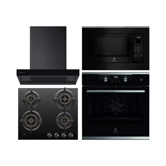Electrolux Built In Oven with Steam Assist UltimateTaste 500 KODDP71XA + Electrolux Built-In Microwave UltimateTaste 500 EMSB25XG + Electrolux 60 cm Wall Mounted Chimney UltimateTaste 700 Series ECT6841KB + Electrolux 60 cm 4 Burner Hob UltimateTaste 300 EHG6430BC