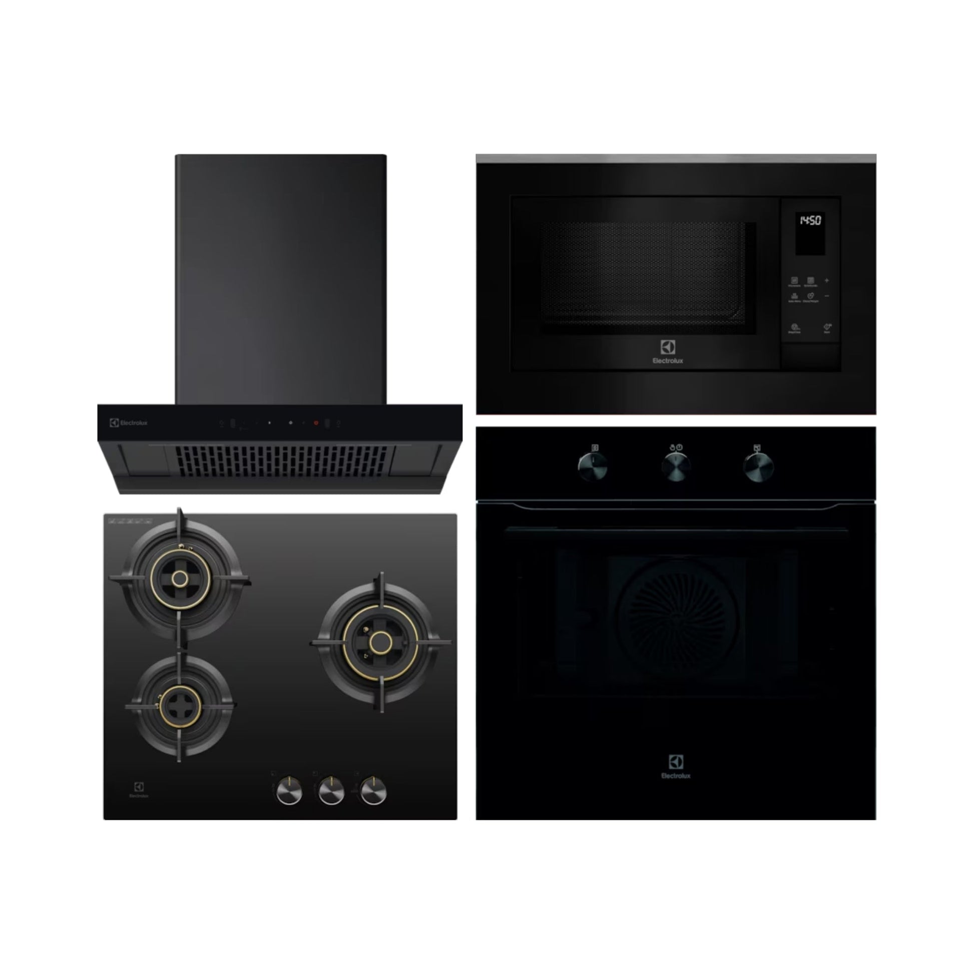 Electrolux Built In Oven UltimateTaste 300 KOHLH00KA + Electrolux Built-In Microwave UltimateTaste 500 EMSB25XG + Electrolux 60 cm Wall Mounted Chimney UltimateTaste 700 Series ECT6841KB + Electrolux 60 cm 3 Burner Hob UltimateTaste 300 EHG6330BC