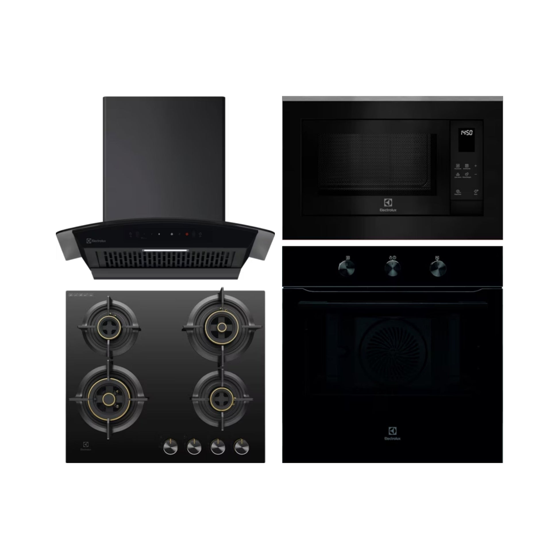 Electrolux Built In Oven UltimateTaste 300 KOHLH00KA + Electrolux Built-In Microwave UltimateTaste 500 EMSB25XG + Electrolux 60 cm Wall Mounted Chimney UltimateTaste 700 Series ECC6841GB + Electrolux 60 cm 4 Burner Hob UltimateTaste 300 EHG6430BC