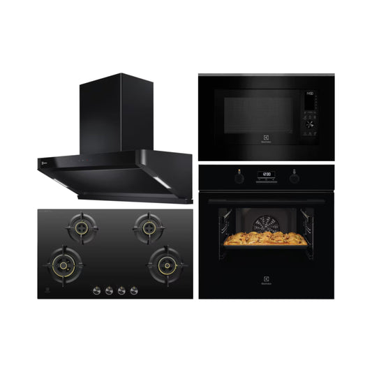 Electrolux Built In Oven with Full Steam Funtion UltimateTaste 500 KOD3H50BK + Electrolux Built-In Convection Microwave with Air Fryer UltimateTaste 900 EMSB30XCF + Electrolux 90 cm Wall Mounted Chimney UltimateTaste 700 Series ECS9939KB + Electrolux 90 cm 4 Burner Hob UltimateTaste 300 EHG9430BCI