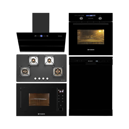Faber Built In Oven FBIO 82L 11F AF BK + Faber Built-In Microwave FBI MWO 25 SG + Faber 90 cm Wall Mounted Chimney Gen-I Series COMET BLDC FL HC BK 90 + Faber 90 cm 4 Burner Hob Bella Series BELLA HT 904 BR AI FFD + Faber Free Standing Dishwasher FFSD 6PR 12S NEO BK with 12 Place Settings