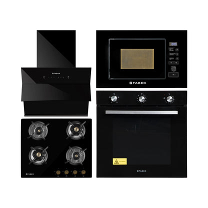 Faber Built In Oven FBIO 80L 4F BK + Faber Built-In Microwave FBI MWO 20 SG BK + Faber 60 cm Wall Mounted Chimney Auto Clean Series HOOD ARIES FL HC SC BK IN 60 + Faber 60 cm 4 Burner Hob Maxus Series MAXUS HT 604 CRS BR CI AI