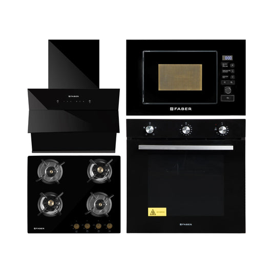 Faber Built In Oven FBIO 80L 4F BK + Faber Built-In Microwave FBI MWO 20 SG BK + Faber 60 cm Wall Mounted Chimney Auto Clean Series HOOD ARIES FL HC SC BK IN 60 + Faber 60 cm 4 Burner Hob Maxus Series MAXUS HT 604 CRS BR CI AI