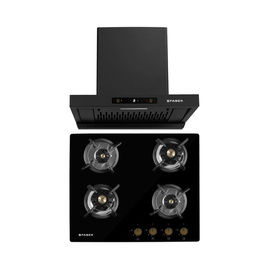 Faber 60 cm Wall Mounted Chimney Charm Series HOOD CHARM BLDC HC SC FL BK IN 60 T + Faber 60 cm 4 Burner Hob Maxus Series MAXUS HT 604 CRS BR CI AI