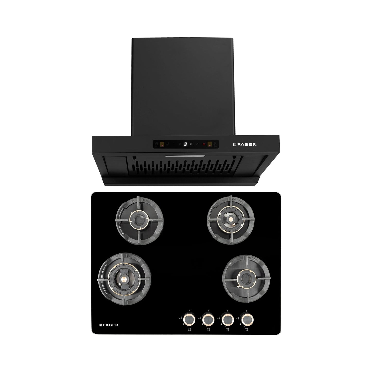 Faber 60 cm Wall Mounted Chimney Charm Series HOOD CHARM BLDC HC SC FL BK IN 60 T + Faber 70 cm 4 Burner Hob Experia Series EXPERIA HT 704 ALU AI