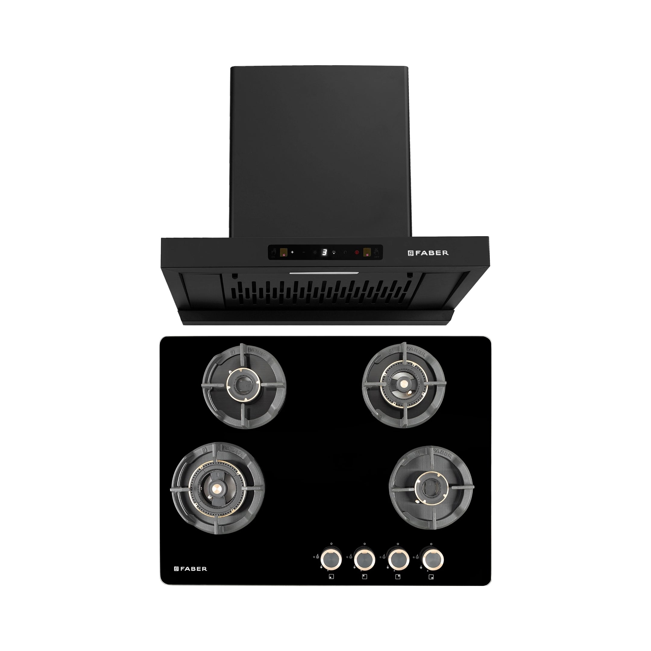 Faber 60 cm Wall Mounted Chimney Charm Series HOOD CHARM BLDC HC SC FL BK IN 60 T + Faber 70 cm 4 Burner Hob Experia Series EXPERIA HT 704 ALU AI