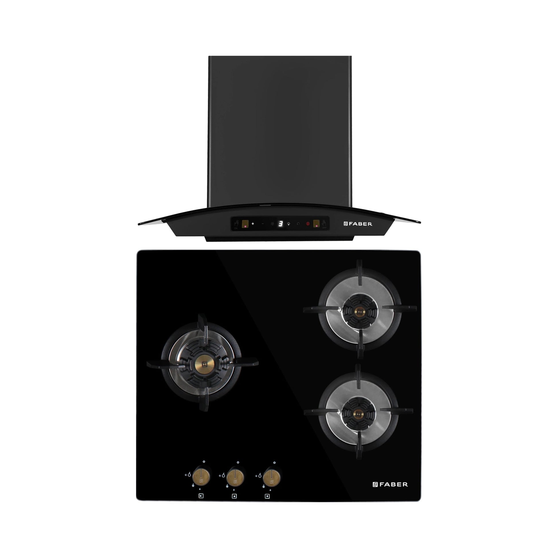 Faber 60 cm Wall Mounted Chimney Zeal Series HOOD ZEAL BLDC HC SC FL BK IN 60 C + Faber 60 cm 3 Burner Hob Maxus Series MAXUS HT 603 CRS BR CI AI